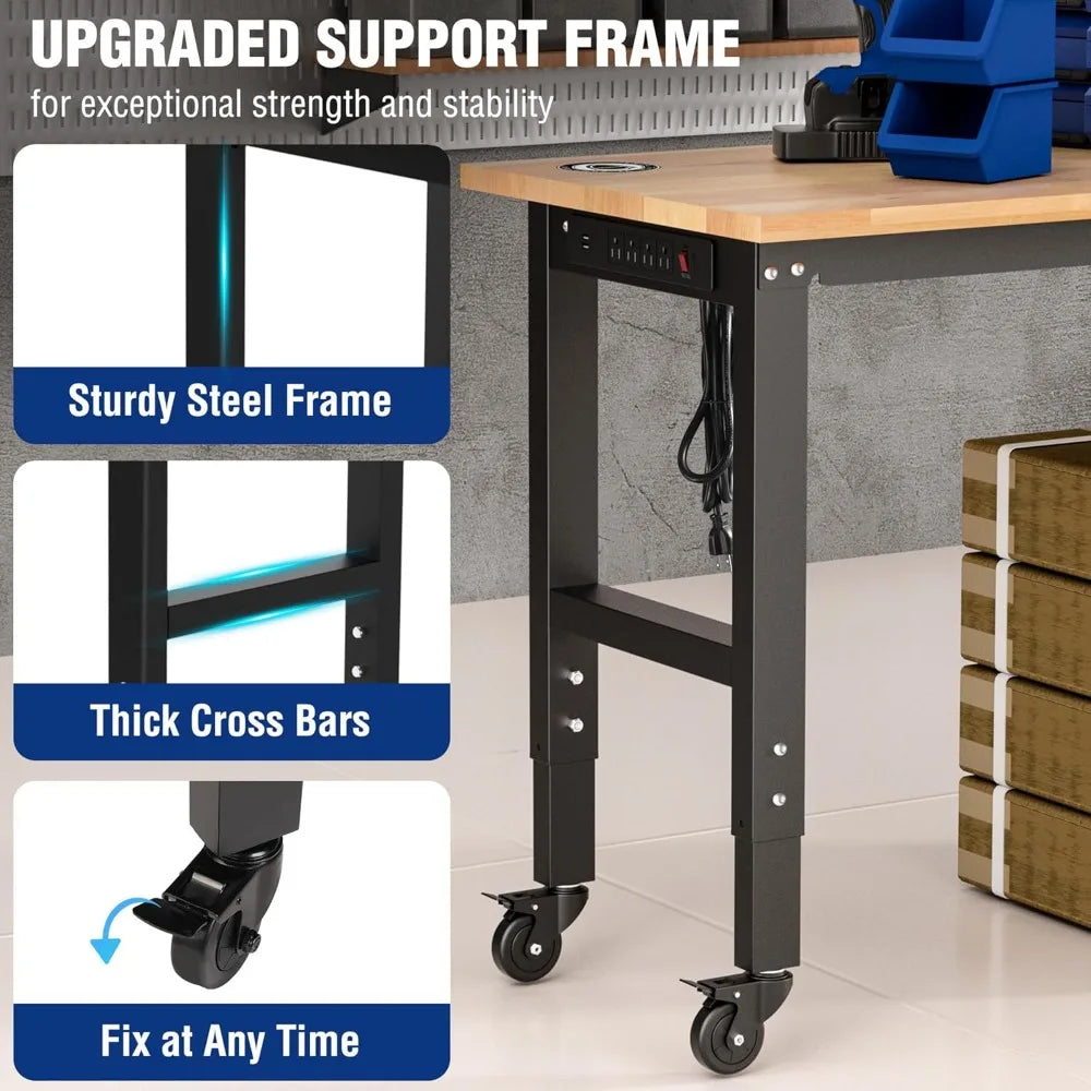 Garage Workbench, 48X22 Adjustable Workbench with Wheels and Leveling Foot, Rubber Wood Top Work Desk with Power Outlets