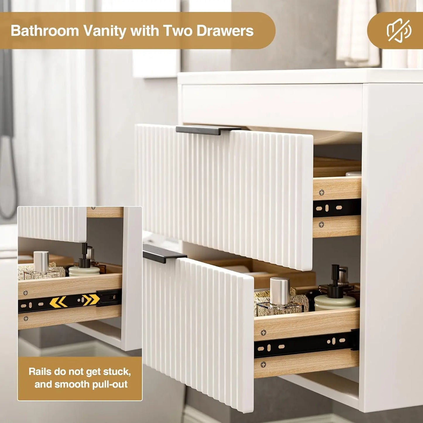36 Inches Modern MDF Bathroom Vanity with Sink, Wall Mounted Floating Cabinets w/Double Drawers, Black Handles,, Customized