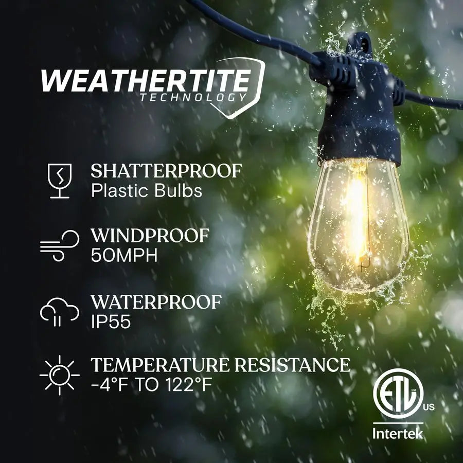 Ambience Pro Solar Powered Outdoor String Lights, 48 ft Commercial Grade Waterproof Patio Lights, 15 Edison Bulbs, Shatterproof