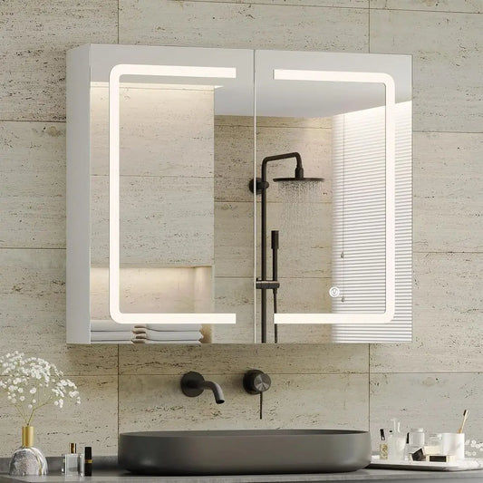 Illuminated Double Door Wall-Mounted Medicine Cabinet with Adjustable Shelves, 27.6x23.62 inches, White