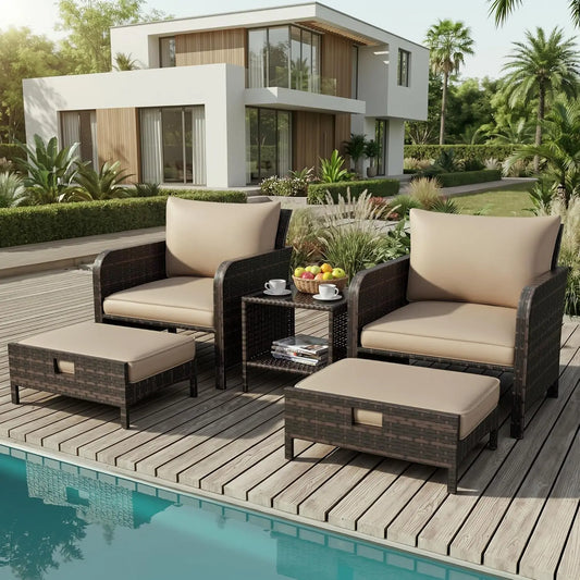 5 Piece Outdoor PE Rattan Wicker Patio Conversation Set, Lounge Chairs, Soft Cushions & 2 Ottomans for Balcony, Custom