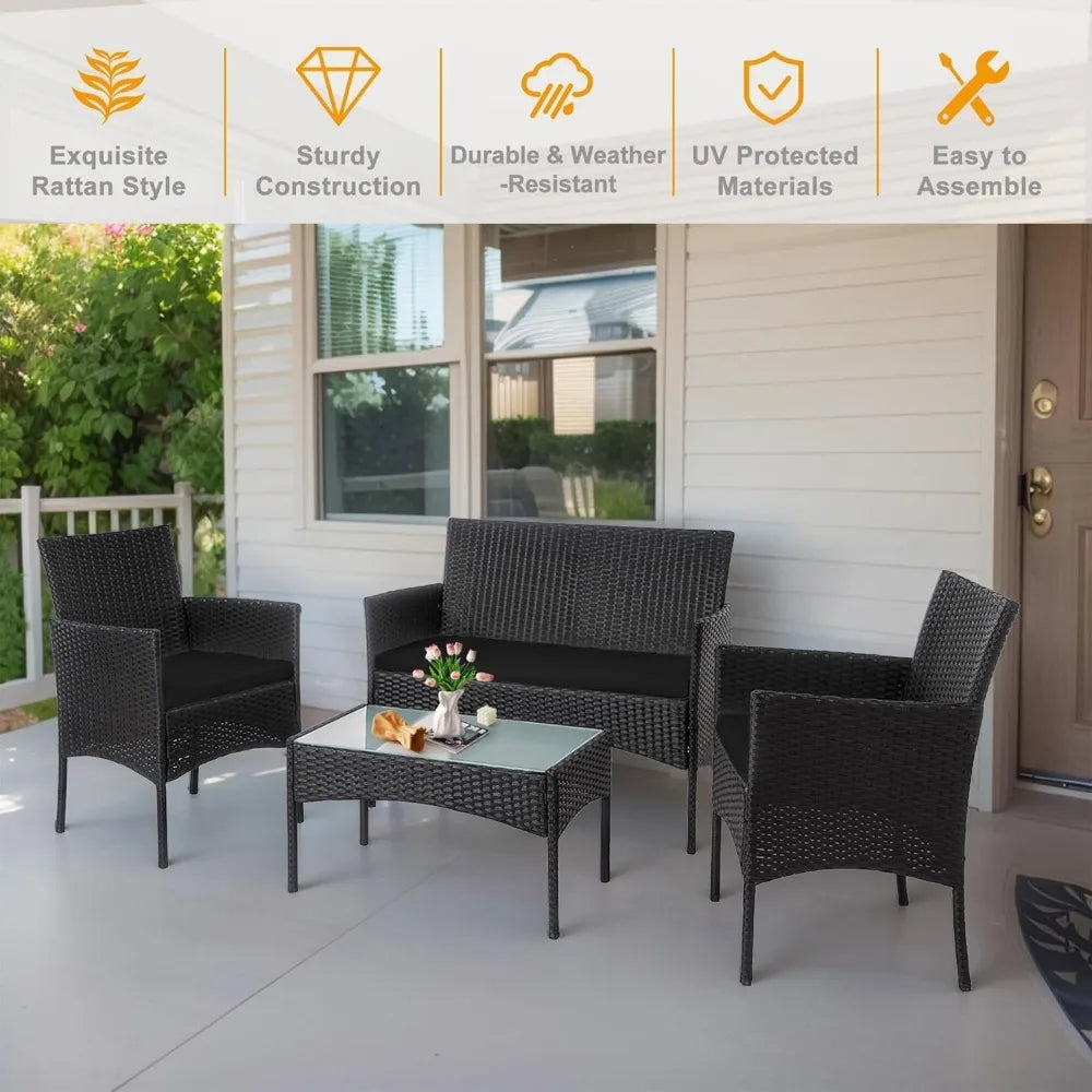 4 Piece Outdoor Wicker Patio Conversation Furniture Set, Rattan Chair Wicker Sofa Garden Conversation Sets with Cushion and Gla