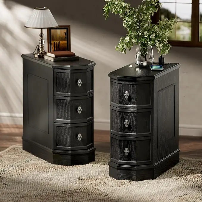 Nightstand Set of 2 with Charging Station, Vintage Wood End Table with 3 Drawer, Victoria Narrow Side Table, Slim Bedside Tables