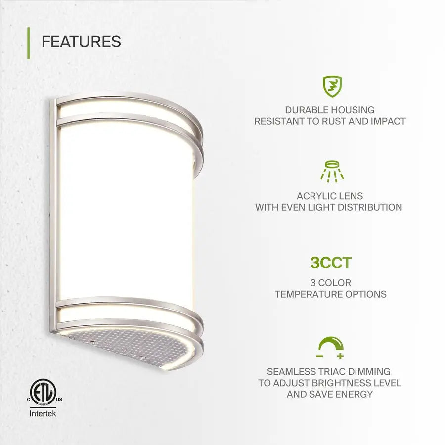 LED Indoor Wall Mount Light Fixture 10 Inch 15W Modern Interior Brushed Nickel Dimmable Wall Sconce Light ETL 3000K 4000K 5000K