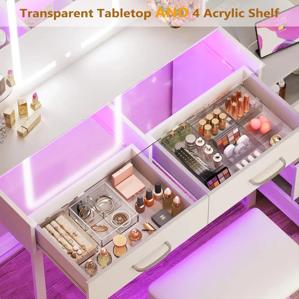 3-Color LED Lighted Makeup Vanity Desk with Glass Top, 43.3 Mirror, White Set Including Stool, 5 Drawers, Power Outlet for Bedro