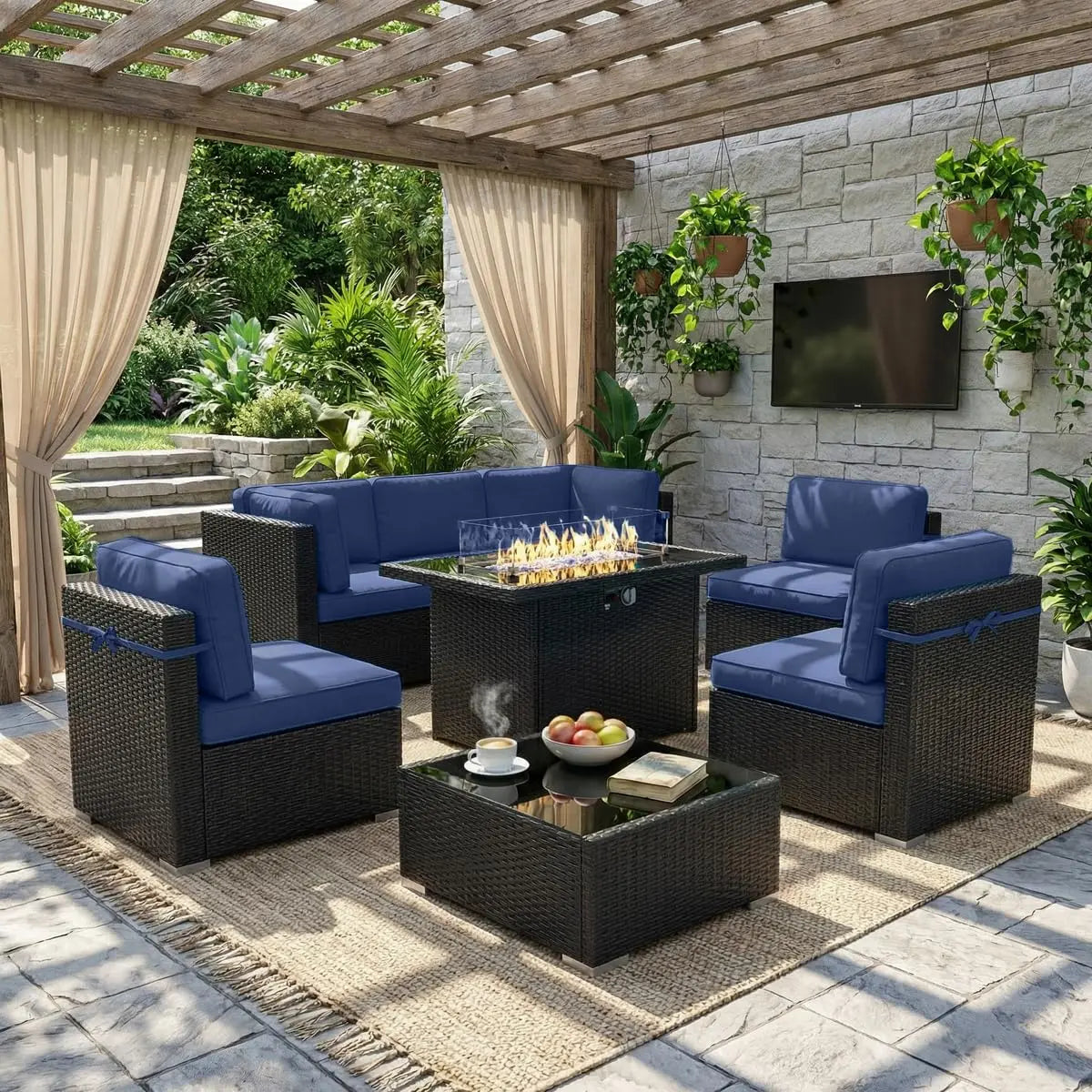 8 Piece Patio Furniture Set with Fire Pit Table, Outdoor Conversation Sets Wicker Rattan Sectional Sofa with Coffee, Custom