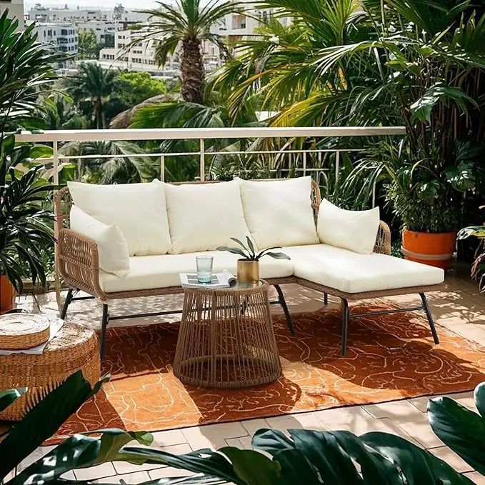 3-Piece Outdoor Patio Furniture Set – L-Shaped Rattan Sectional Sofa with Detachable Lounger, Glass Coffee Table & 4" Cushions