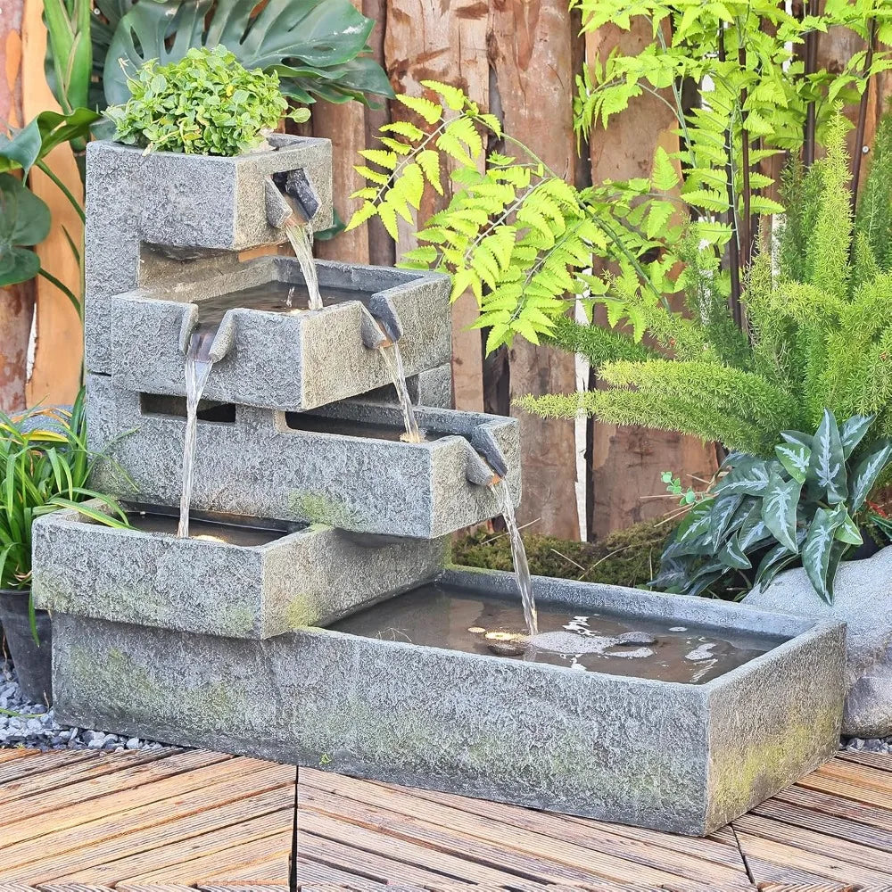 Tiered Water Fountain Outdoor Garden - Waterfall Indoor Freestanding Cascade Fountain Concrete Artistry Modern Style with LED Li