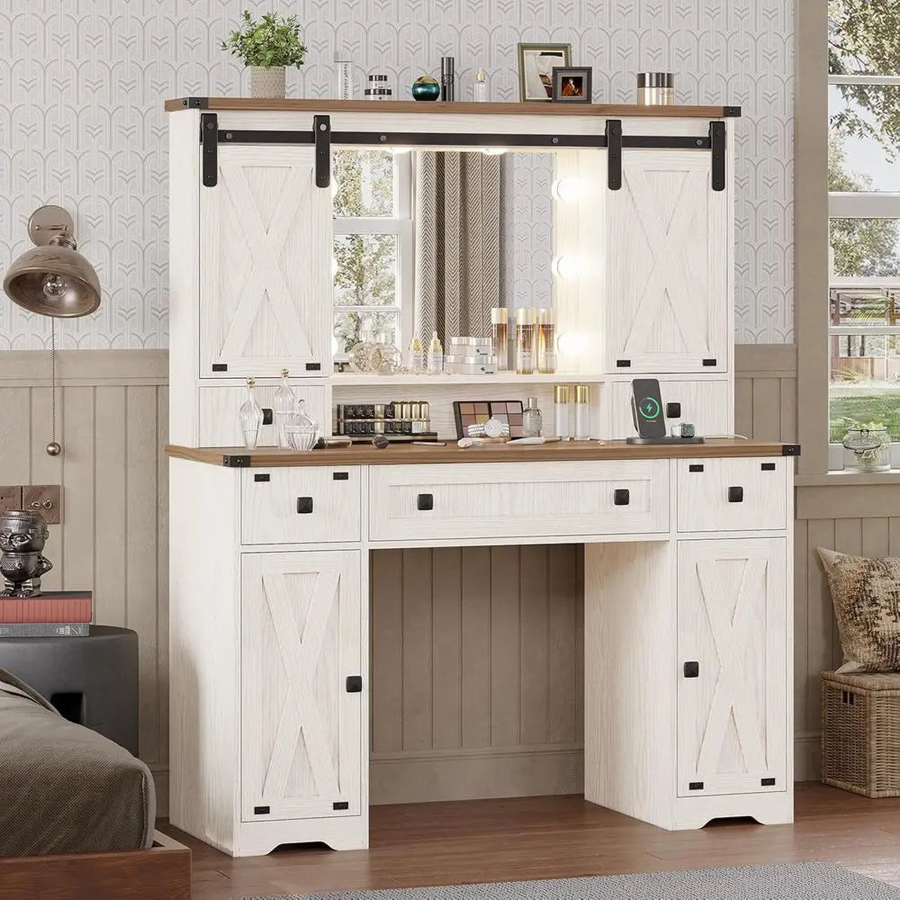 Lighted Mirror Vanity Desk with Sliding Barn Door & Hidden Storage, Adjustable Lighting Makeup Table