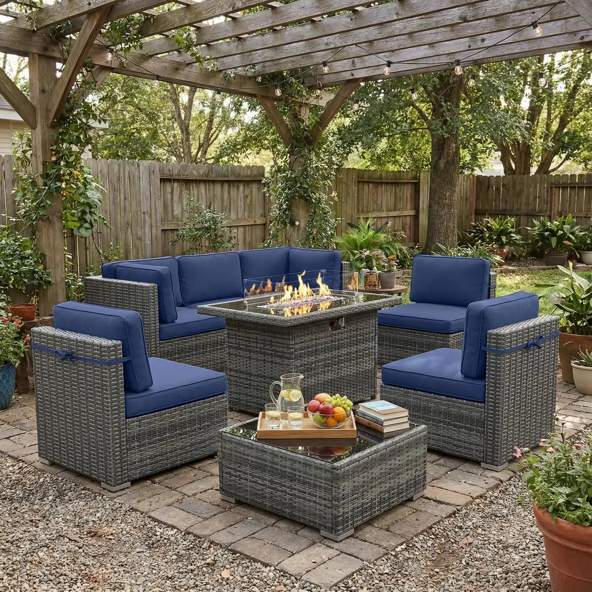 8 Piece Patio Furniture Set with Fire Pit Table, Outdoor Conversation Sets Wicker Rattan Sectional Sofa with Coffee, Custom