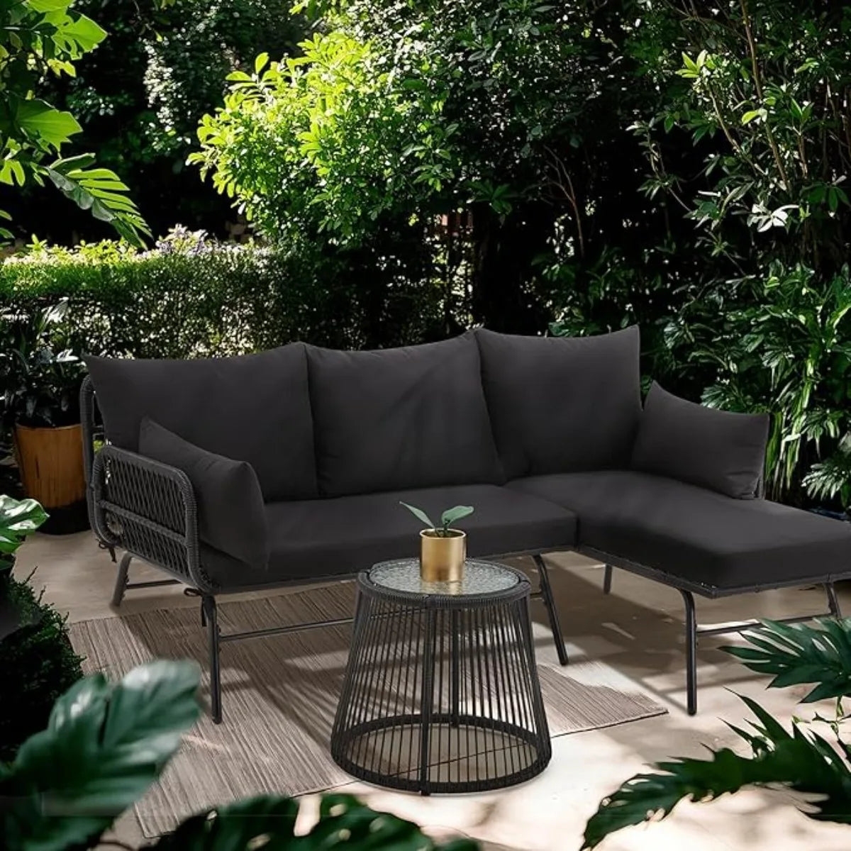 3-Piece Outdoor Patio Furniture Set – L-Shaped Rattan Sectional Sofa with Detachable Lounger, Glass Coffee Table & 4" Cushions