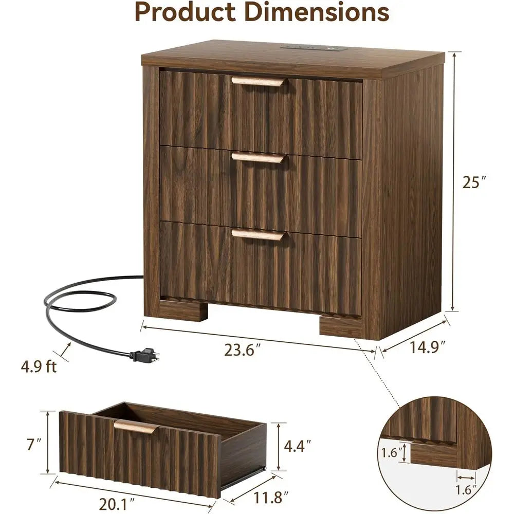 2-Piece Walnut Nightstand Set with Charging Station, 3 Drawers for Bedroom or Living Room