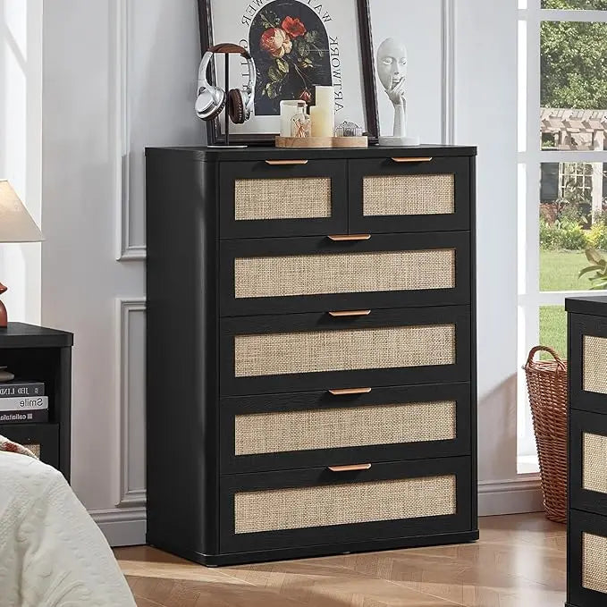 Rattan Dresser for Bedroom, 41" Tall Chest of Drawers, Modern 6 Drawers Boho Dressers with Storage, Light Oak Dresser,Customized