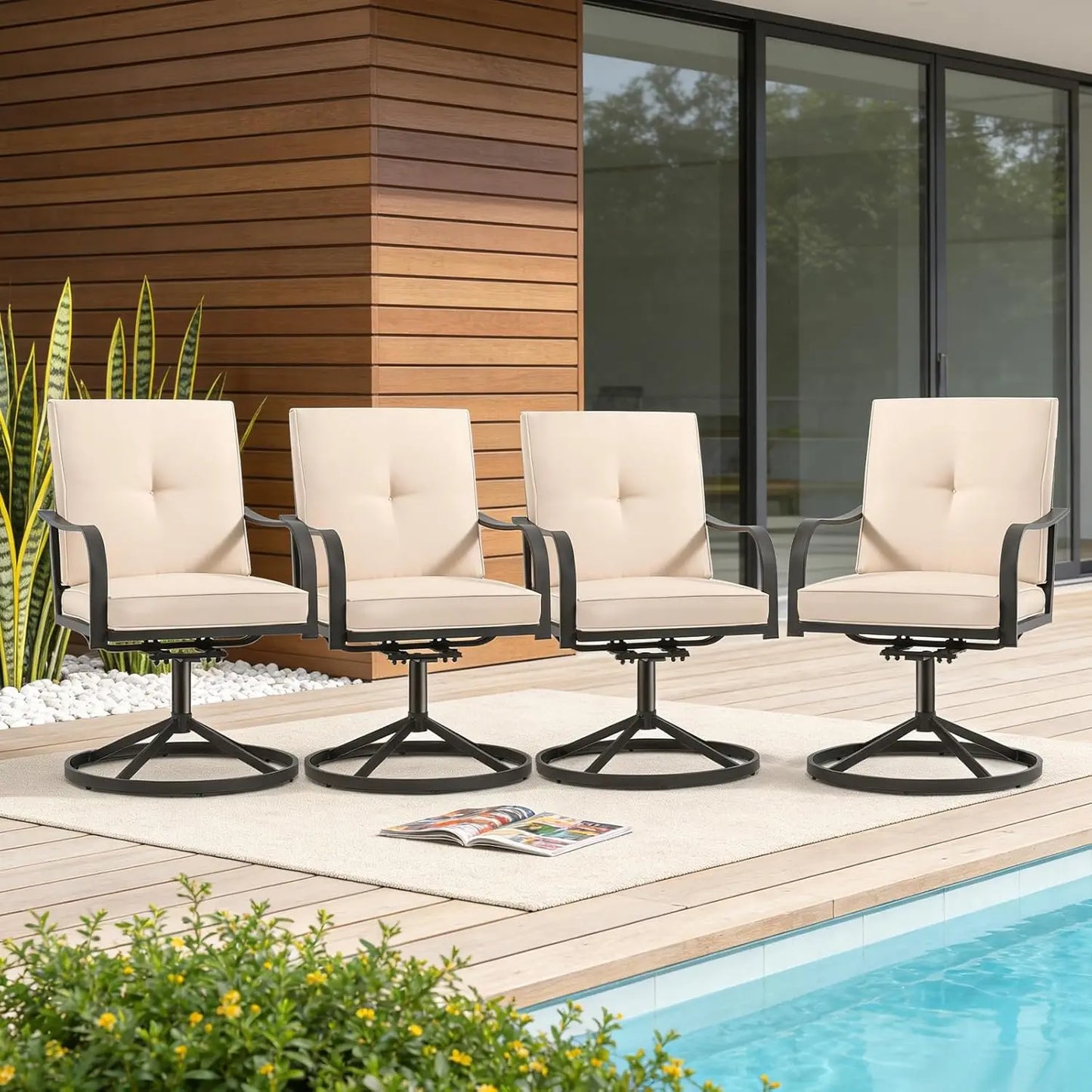 Patio Swivel Dining Chairs Set 4 Wicker Metal Cushioned Gentle Rocker Outdoor Backyard Lawn Garden Deck Porch, Custom
