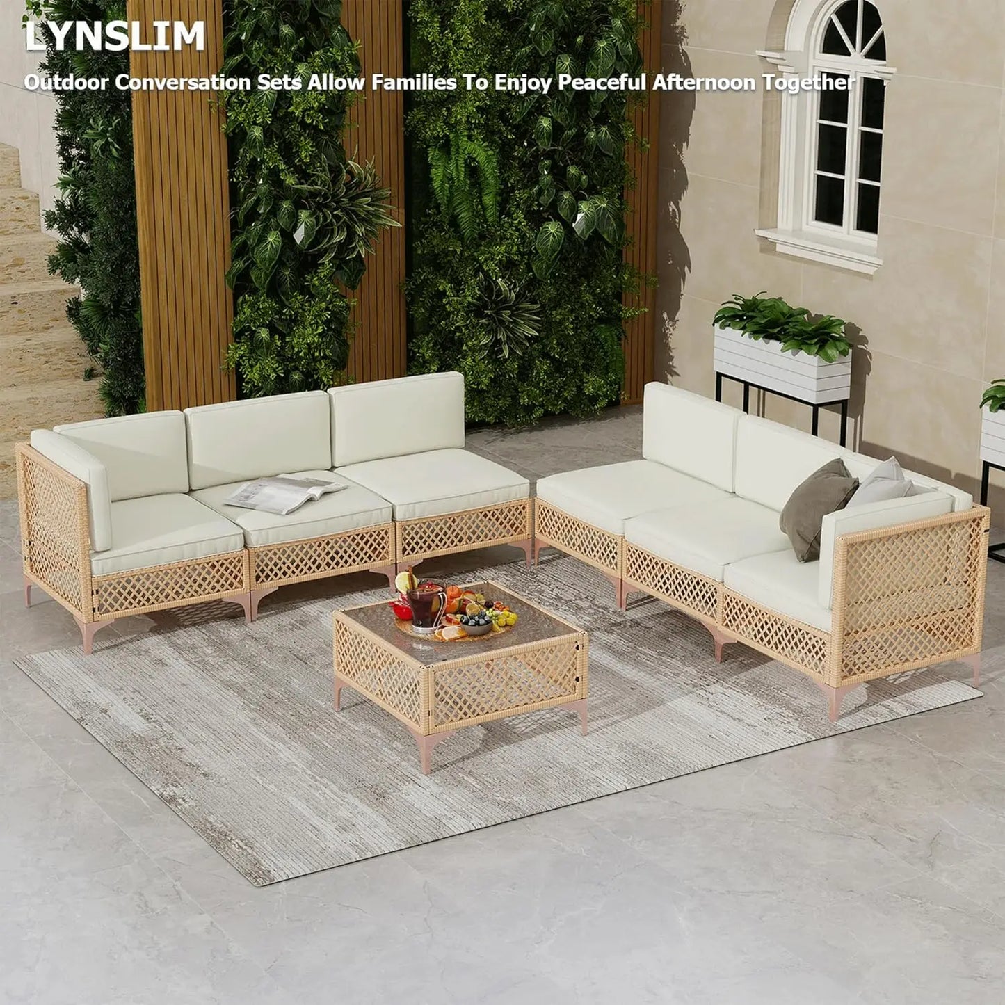 Outdoor Patio Furniture Set,Boho Patio Conversation Sectional Sofa with Large Tempered Glass Coffee Table and Waterproof Cushion