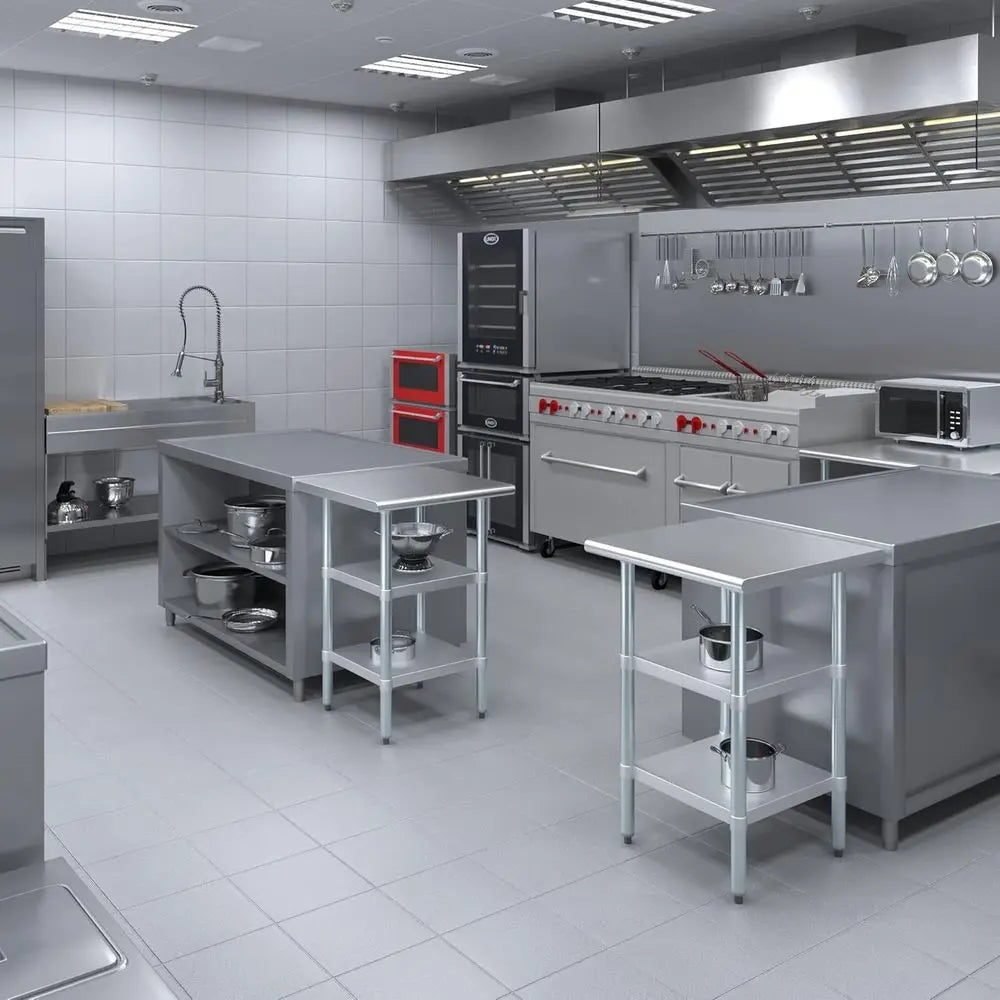 Dual-Shelf Stainless Steel Work Table with Optional Wheels - Select from 43 Sizes for Kitchen or Utility Use