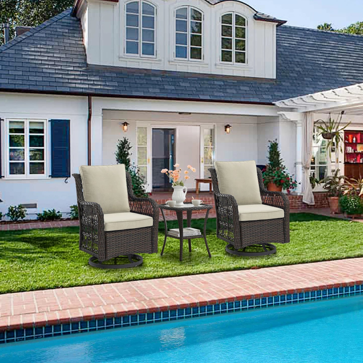 3 Pieces Outdoor Wicker Swivel Chair Set, Swivel Rocking Chairs Set of 2 with Rattan Side Table, 360-Degree Swivel Rocking Chair