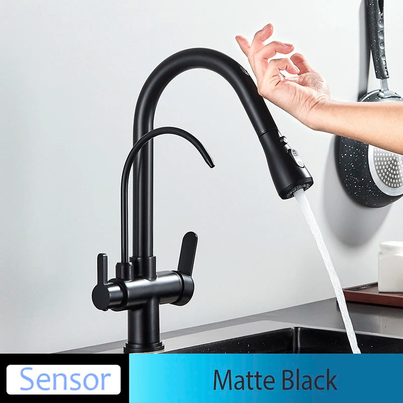 Onyzpily Black Touch/NO Sensor Kitchen Faucet Pull Out Sink Faucets Hot Cold Mixer Pure Water Tap Deck Mounted Taps Dual Handle