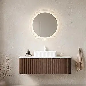 24 Inch Solid Wood Texture Floating Bathroom Vanity with Sink, Modern Wall-Mounted Striped Bathroom Storage Cabinet with White C