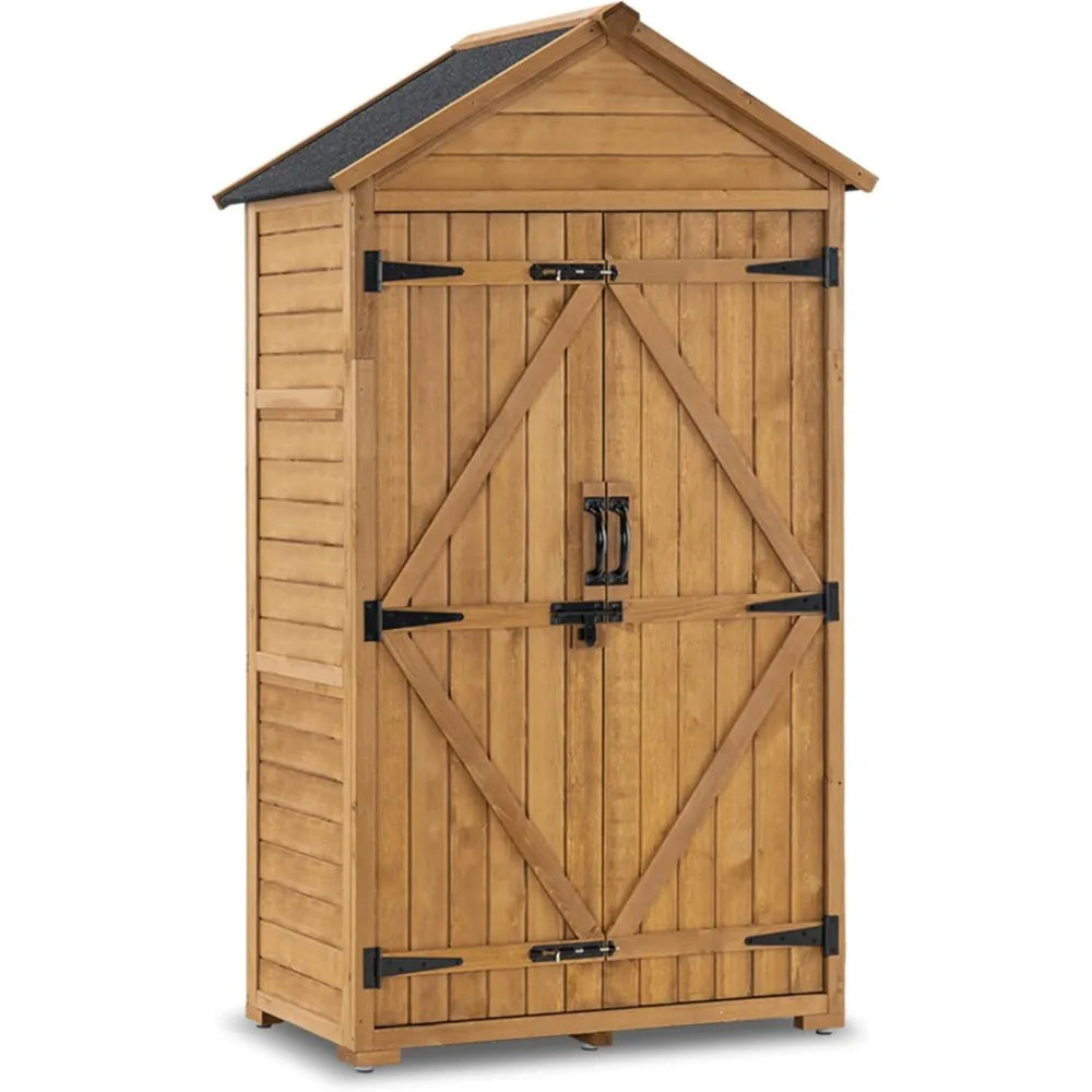 Outdoor Storage Cabinet with 2 Shelves, Outside Storage Shed with Floor, Wooden Garden Tool Shed with Latch for Yard Deck Lawn