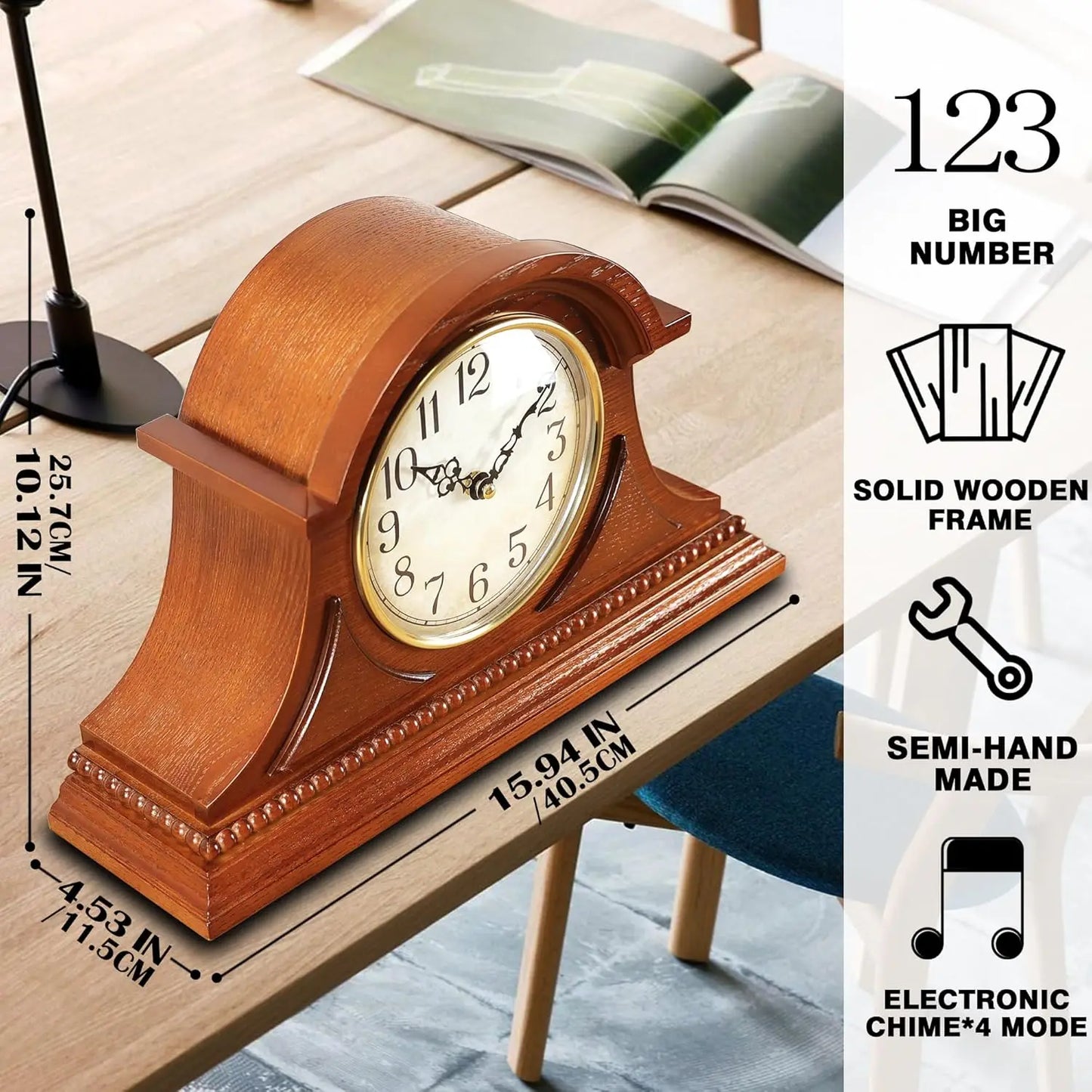 Vintage Desk Clock Wooden Frame Hour Quarter Chime Battery Operated Living Room Decor