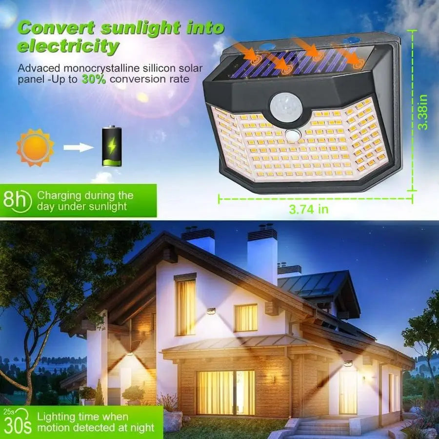 120 LED Outdoor Solar Lights with Motion Sensor and 3 Lighting Modes, IP65 Waterproof Wide Solar Wall Lights Ideal for Garden Pa