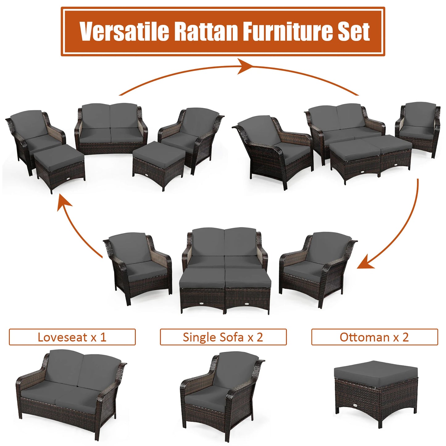 5 Pieces Patio Furniture Set Outdoor Rattan Conversation Sofa Set W/ Cushions