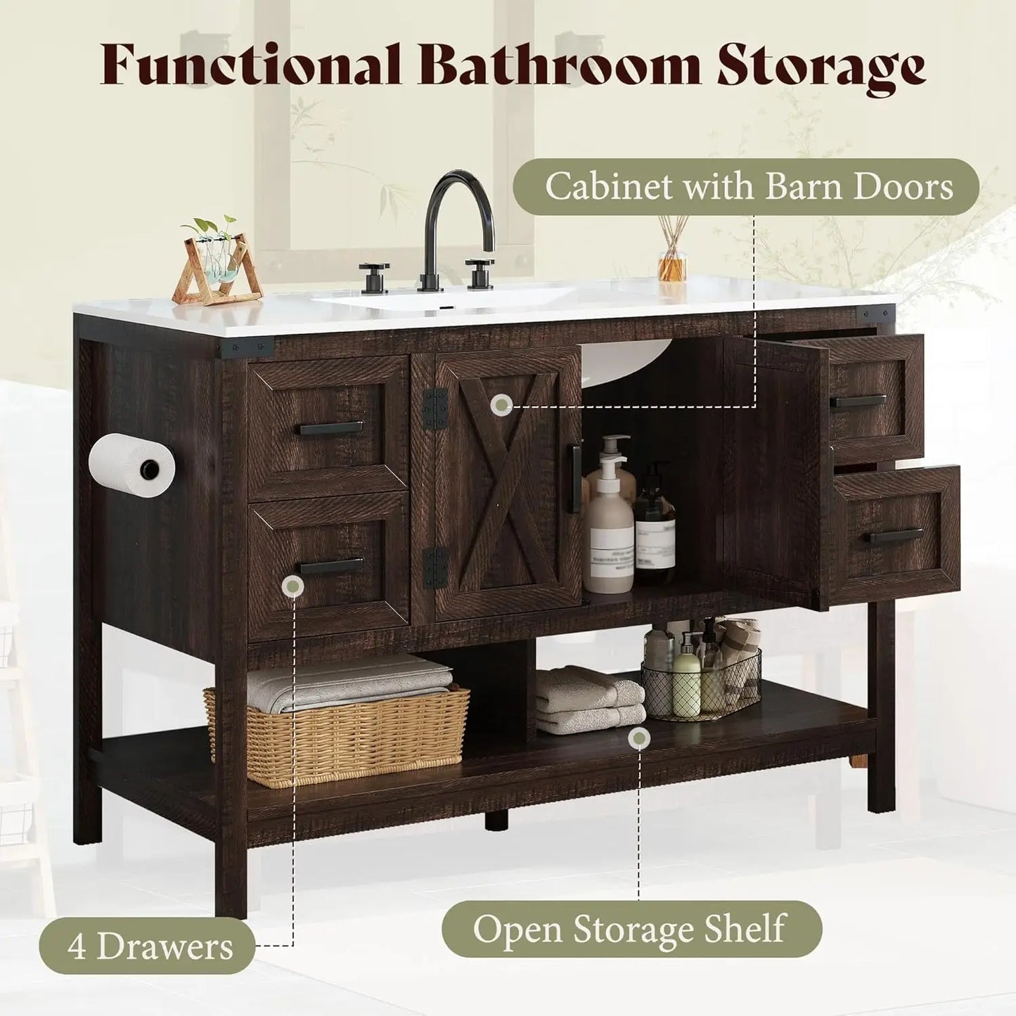 48” Farmhouse Bathroom Vanity with Sink, Freestanding Cabinet with 4 Drawers, Double Barn Doors & Open Shelf, Rustic Storage