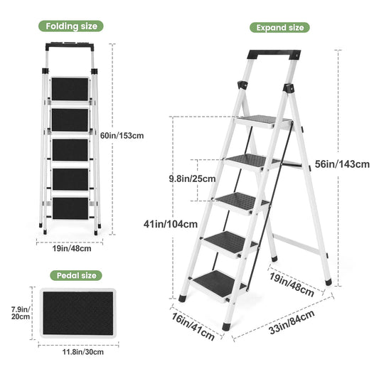 Step Ladder, Folding Step Stool, Heavy-Duty Step Ladder Stool with Handrail Wide Pedal, Anti-Slip Step Ladder with Handgrip
