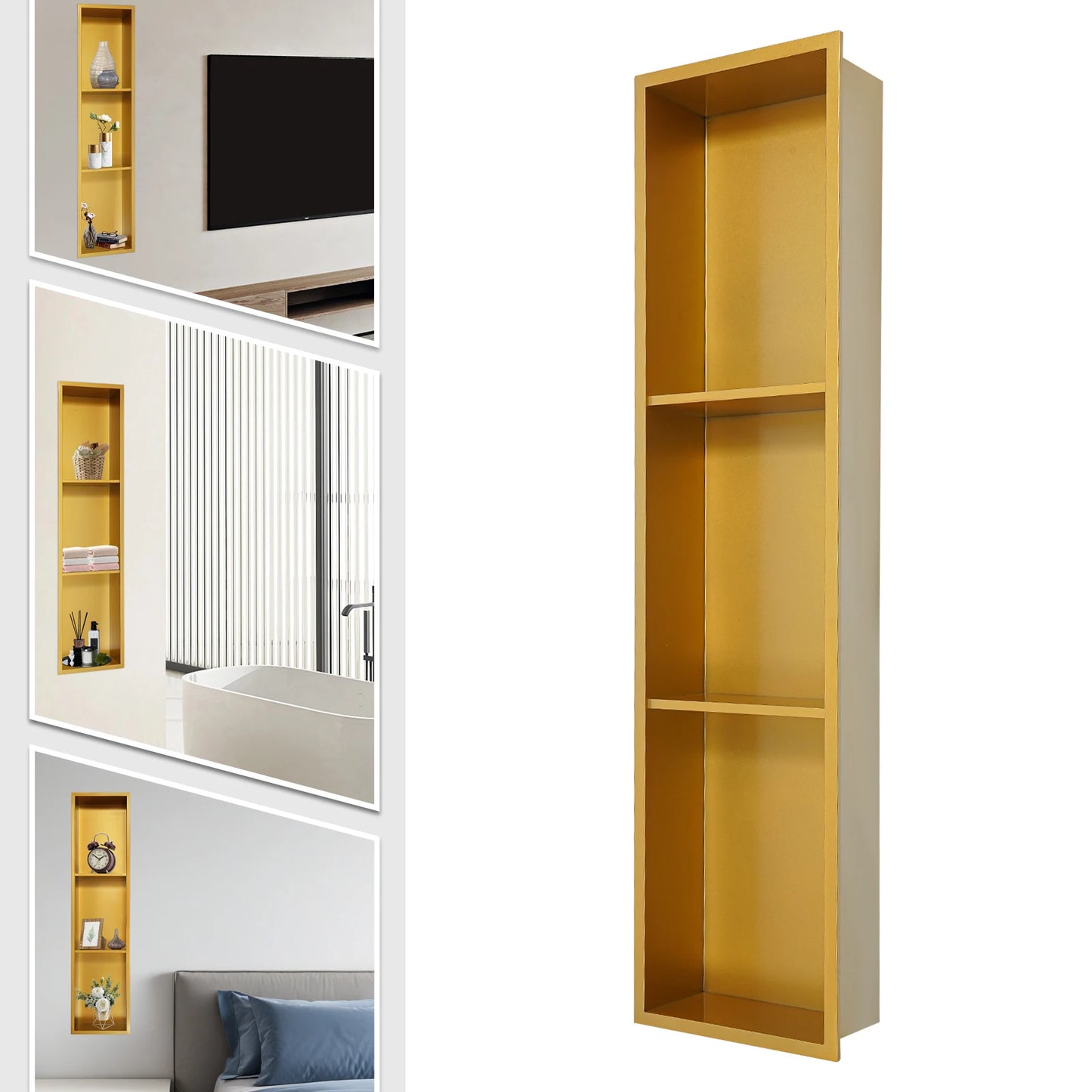 94.2*10*23.1cmWhite/Gold/Black 3 Tiers Niche,304 Stainless Steel Rectangular Shower Niche Wall-mounted for Bathrooms