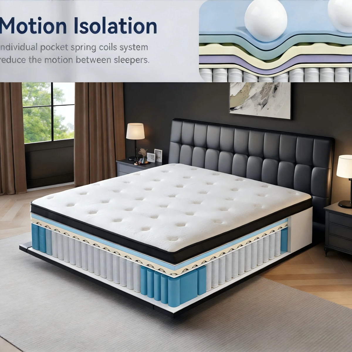 CAREBODY 12/14 Inch Queen Size Hybrid Double Mattress with  Memory Foam and Pocket Springs,  Medium Firm，Motion Isolation