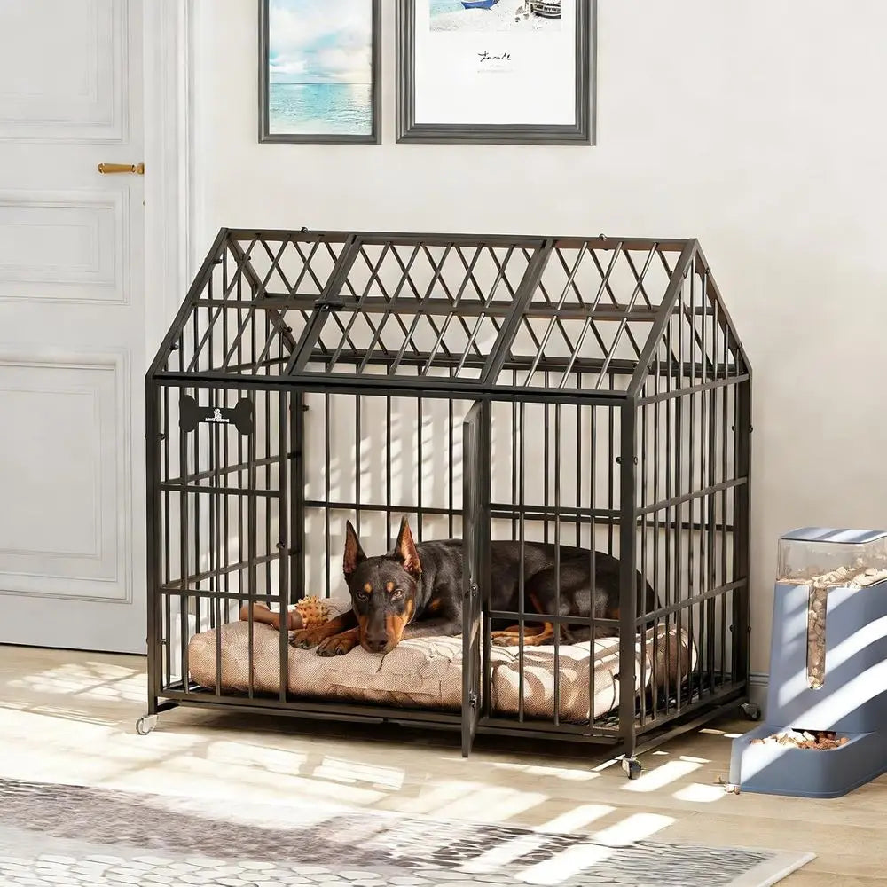 Heavy Duty Dog Crate 42 Inch,XL Large/Medium Pet Dog Cage Kennel Indoor,Steel Ese Proo Cage with Roo Top 2 DoRemovable Trays,Loc