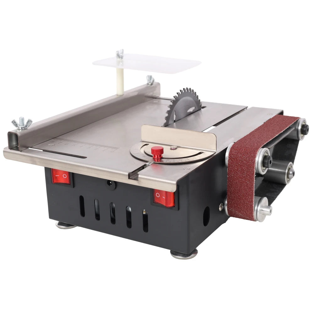 Mini Table Saw,Belt Sander, stainless steel top,4pcs Blades,10pcs Sanding Blet,7 Gear Adjustable 0-90° Angle, Available for Wood