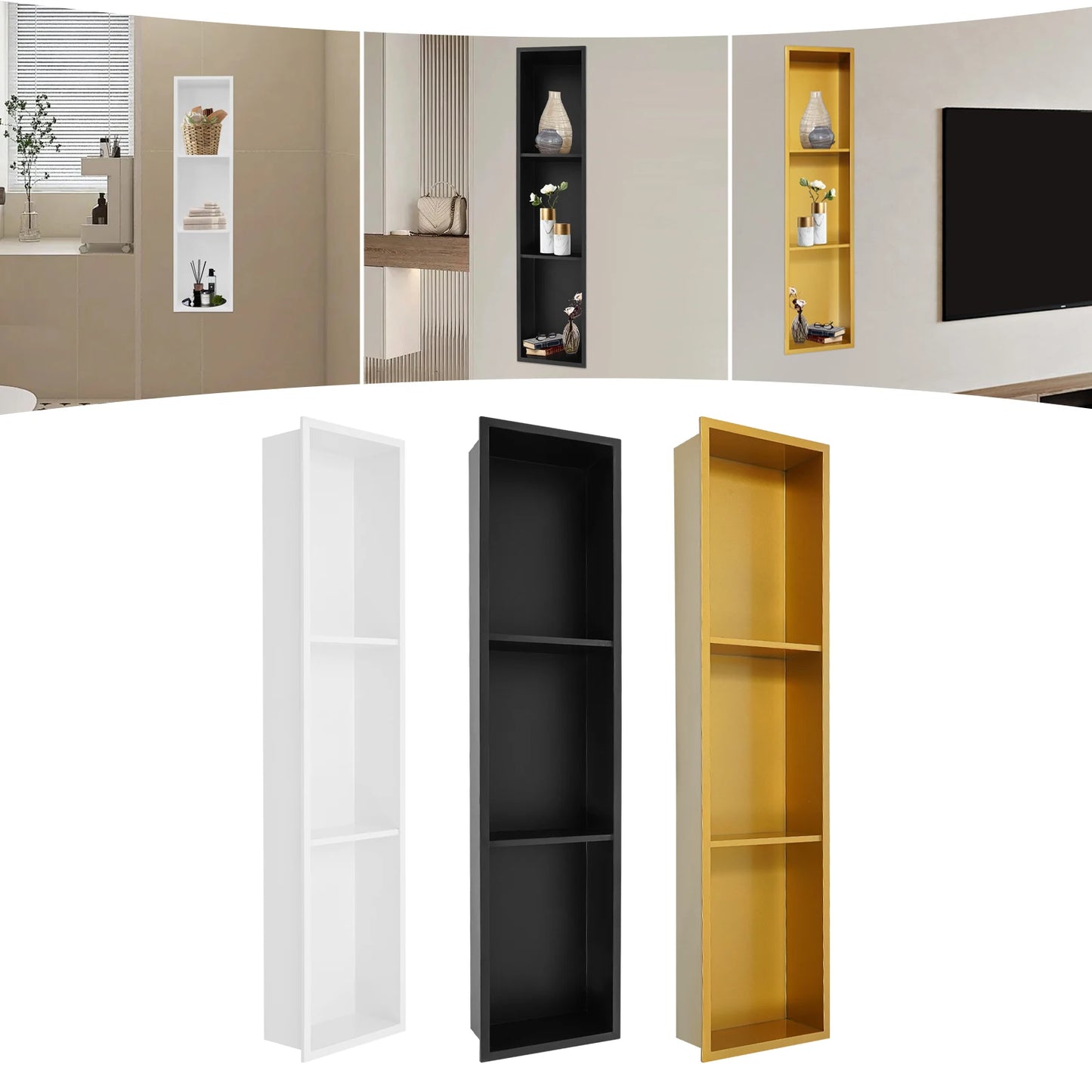 94.2*10*23.1cmWhite/Gold/Black 3 Tiers Niche,304 Stainless Steel Rectangular Shower Niche Wall-mounted for Bathrooms