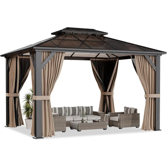 Hardtop Gazebo Polycarbonate Roof Aluminum Frame Permanent Pavilion Curtains Netting Sunshade Garden Patio Lawn, Custom