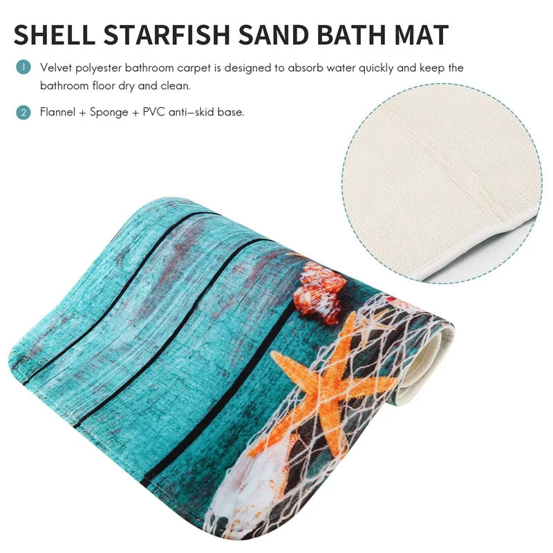 Beach Seashells Starfish Sand Bath Mat Holidays Summer Bathroom Carpet Rug Non-Slip 3 Piece Toilet Mat Set Starfish Floor