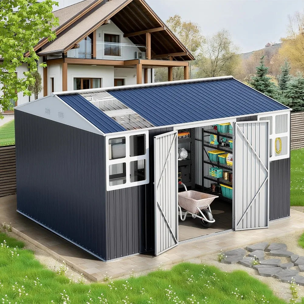 12x10 FT Metal Sheds & Outdoor Storage: Heavy Duty Garden Sheds with Dual Transparent Panels, 2x4-Pane Windows & Hinged Double D