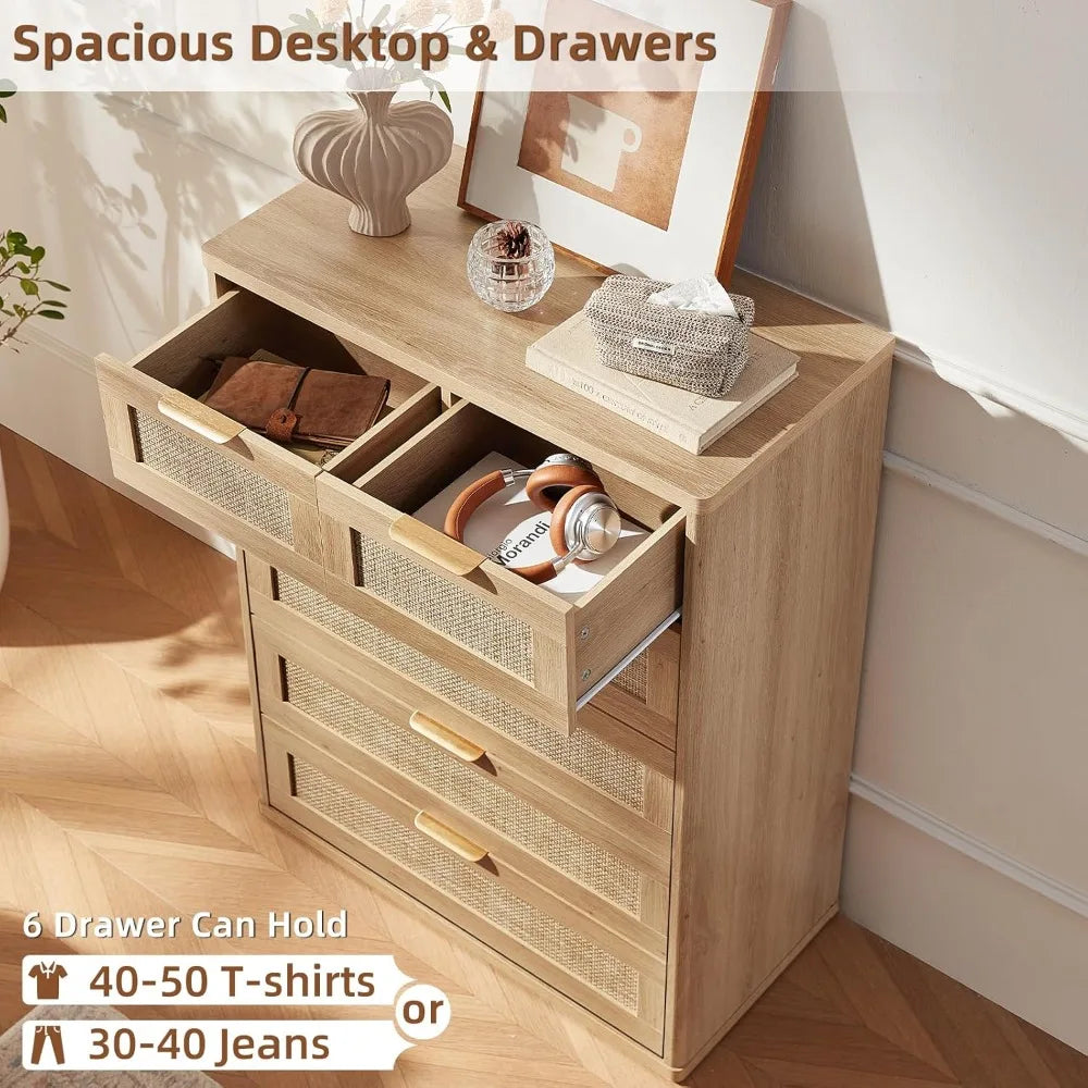 Rattan Dresser for Bedroom, 41" Tall Chest of Drawers, Modern 6 Drawers Boho Dressers with Storage, Light Oak Dresser,Customized