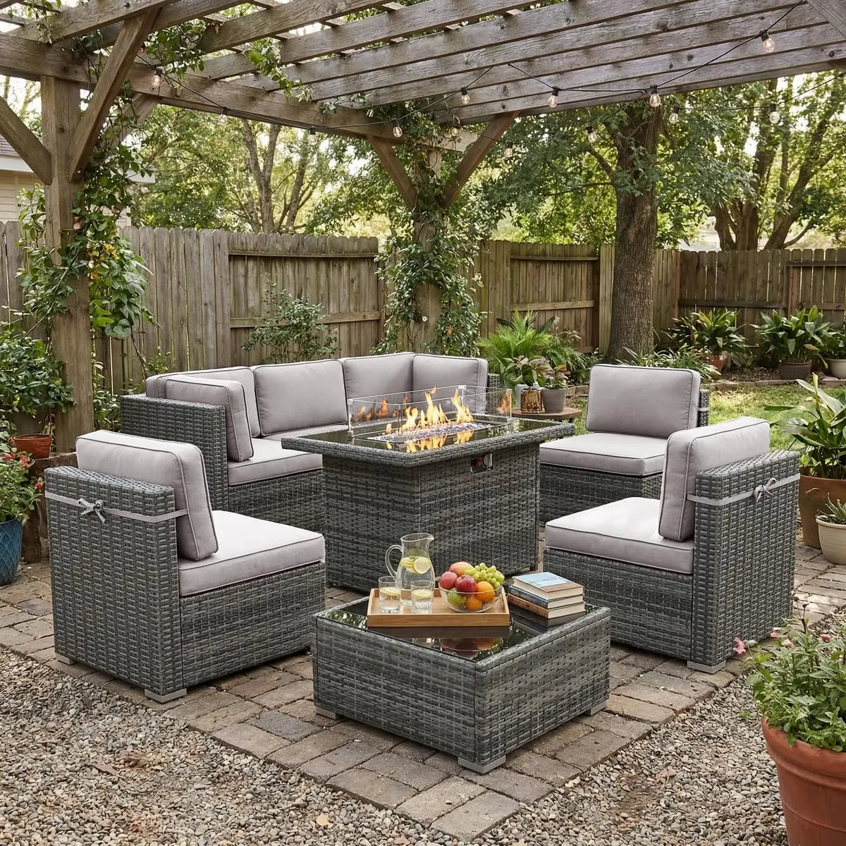 8 Piece Patio Furniture Set with Fire Pit Table, Outdoor Conversation Sets Wicker Rattan Sectional Sofa with Coffee, Custom