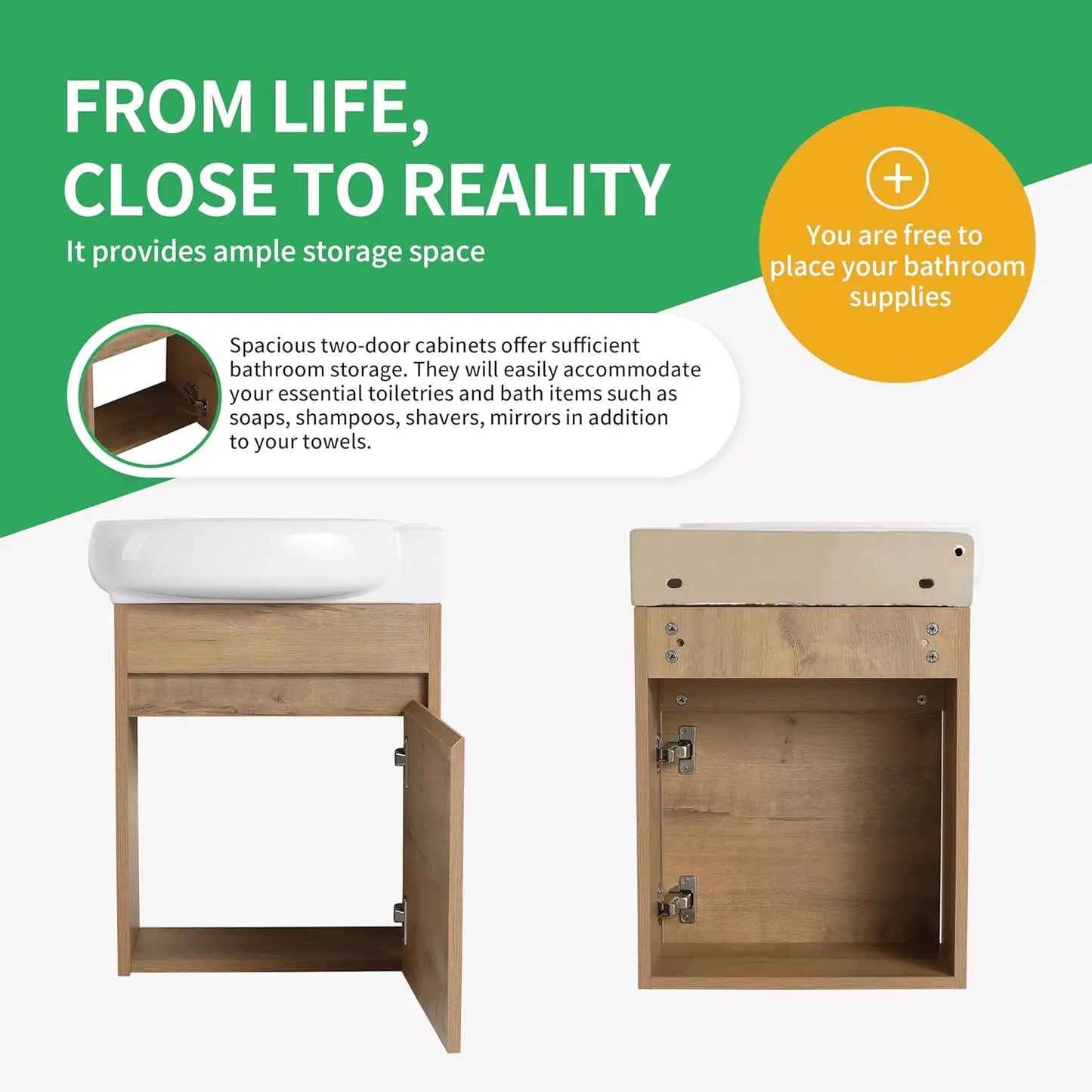 16in Floating Bathroom Vanity Sink Wall Mount Soft Close Door White Ceramic Top Small Space Storage Cabinet, Customized