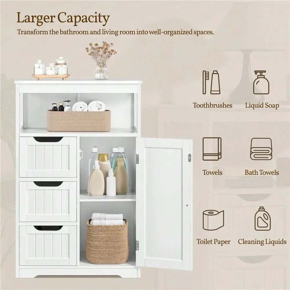 Modern Wooden Bathroom Floor Cabinet Wiht Adjustable Shelf, Multiple Tiers Storage Cabinet With Door 3 Drawers, For Kitchen, Li