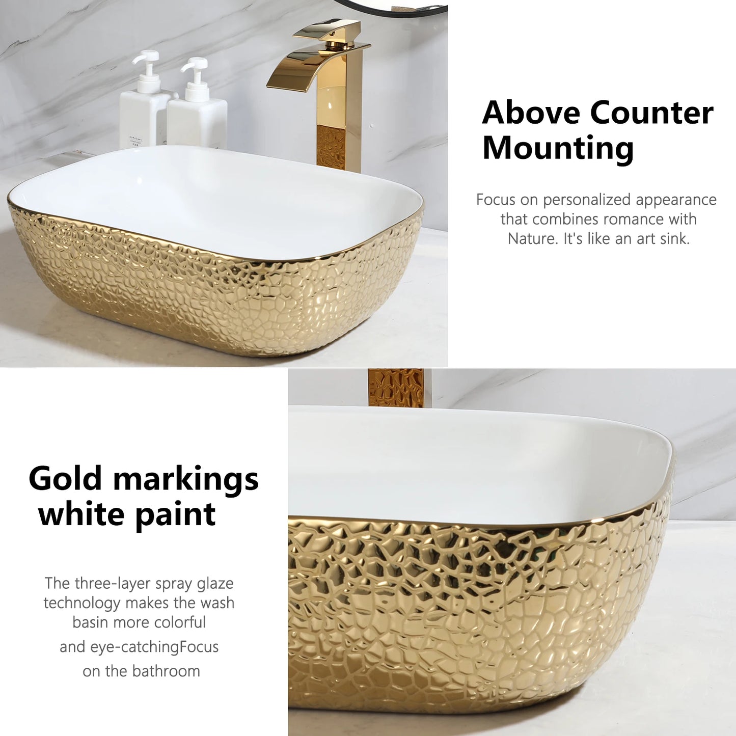 KEMAIDI Gold Hammered Bathroom Vessel Sink Set, Luxury White & Gold Basin with Gold Faucet Combo, Above-Counter Vanity Sink Kit