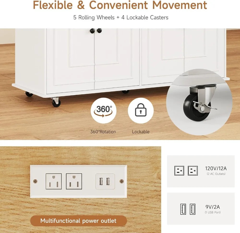58" Mobile Kitchen Island Cart with Power Outlet, Storage Drawers, Spice Rack & Wheels