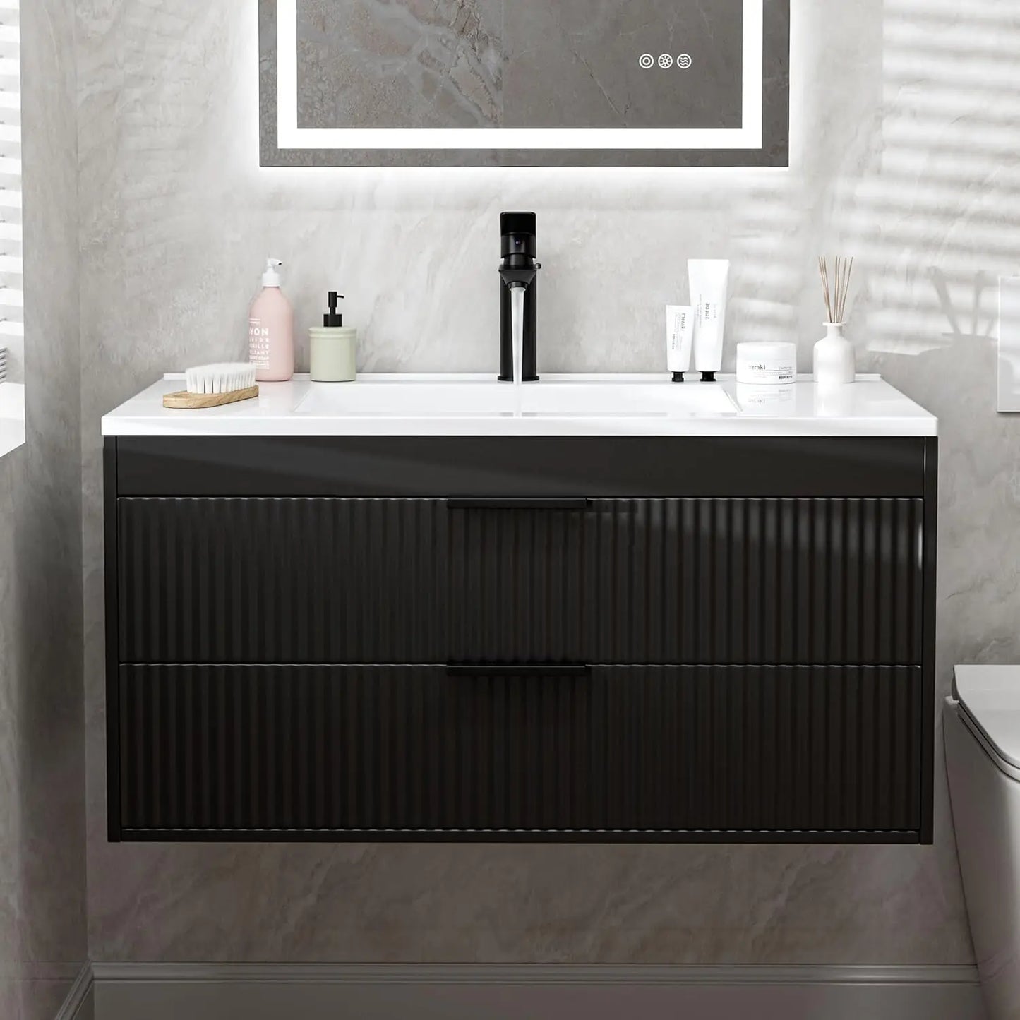 36 Inches Modern MDF Bathroom Vanity with Sink, Wall Mounted Floating Cabinets w/Double Drawers, Black Handles,, Customized