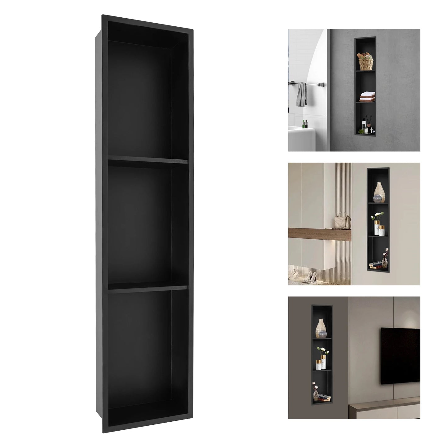 94.2*10*23.1cmWhite/Gold/Black 3 Tiers Niche,304 Stainless Steel Rectangular Shower Niche Wall-mounted for Bathrooms