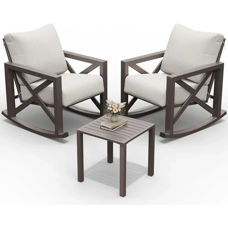 UDPATIO Rocking Chair Outdoor Set 2 with Coffee Table, 3 Piece Metal Rocking Bistro Set with 6.5" Water-Resistant Cushions
