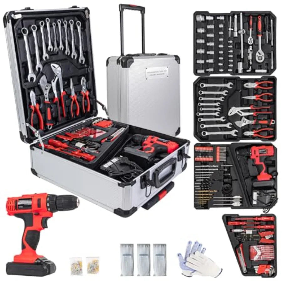 346Pcs Tool Sets 18V Electric Power Drill Set for Men Household Home DIY Hand Tool Kits 18+1 Clutch Cordless Power Drill Set fo