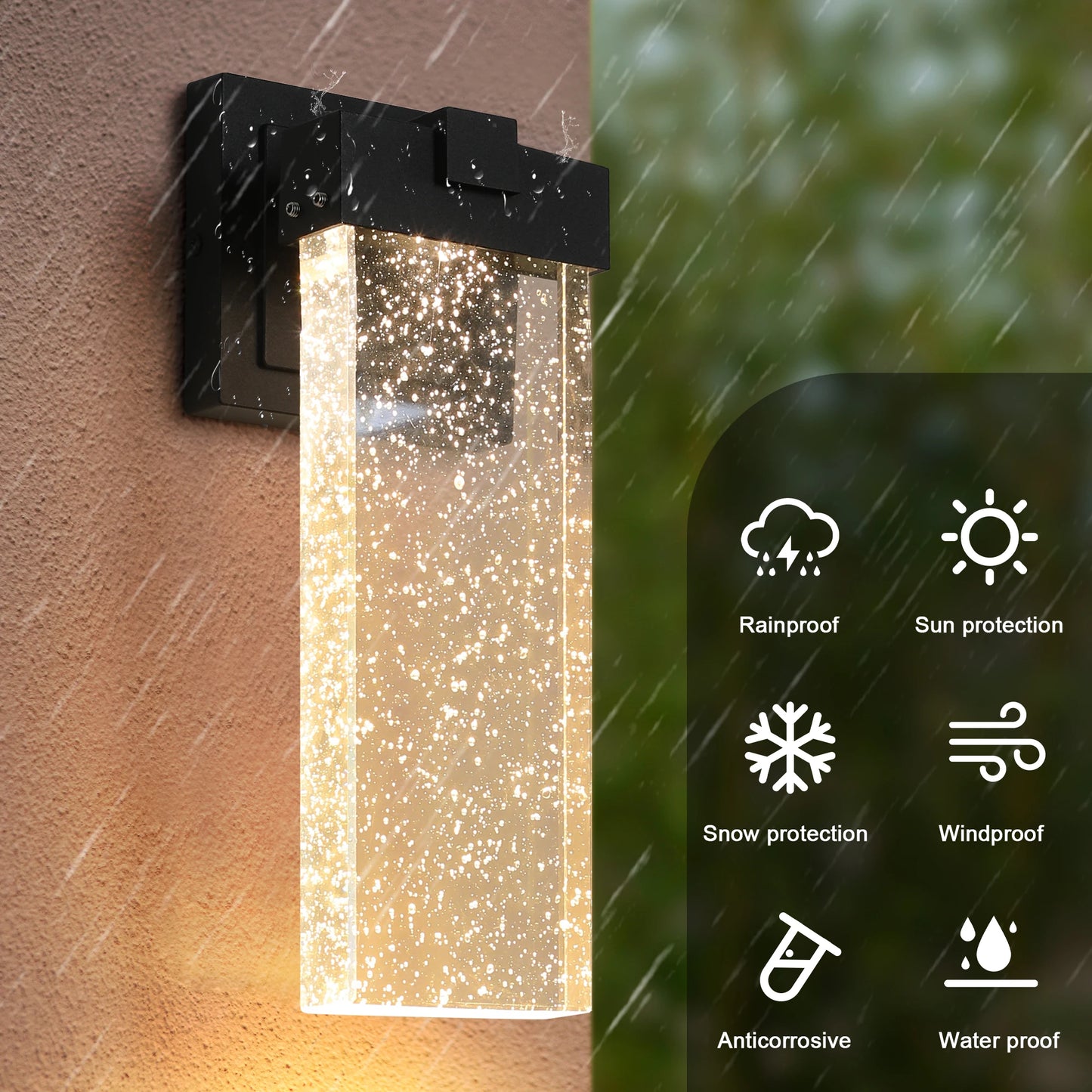 2 pack Modern outdoor wall light with light sensing, black LED wall light with bubble glass, waterproof external lighting