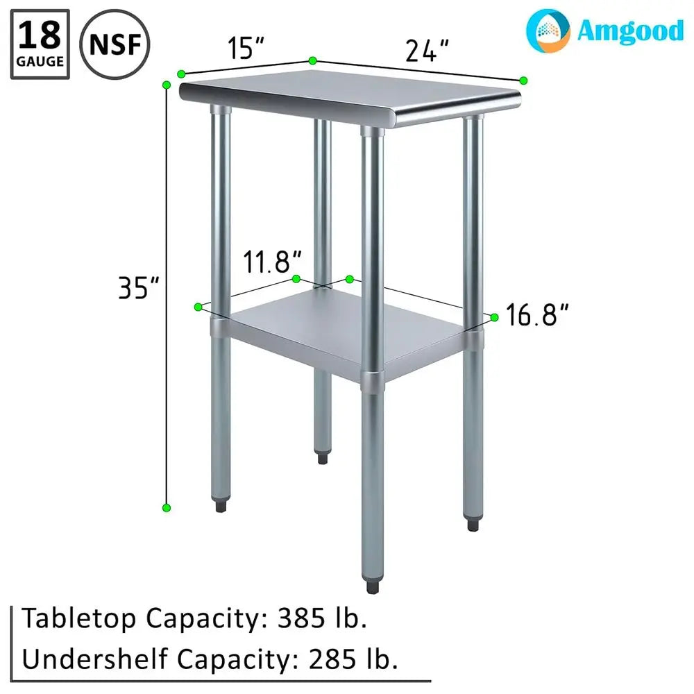 24 x 15 Stainless Steel Work Table | Metal Utility Bench for Kitchen, Laundry, and Garage