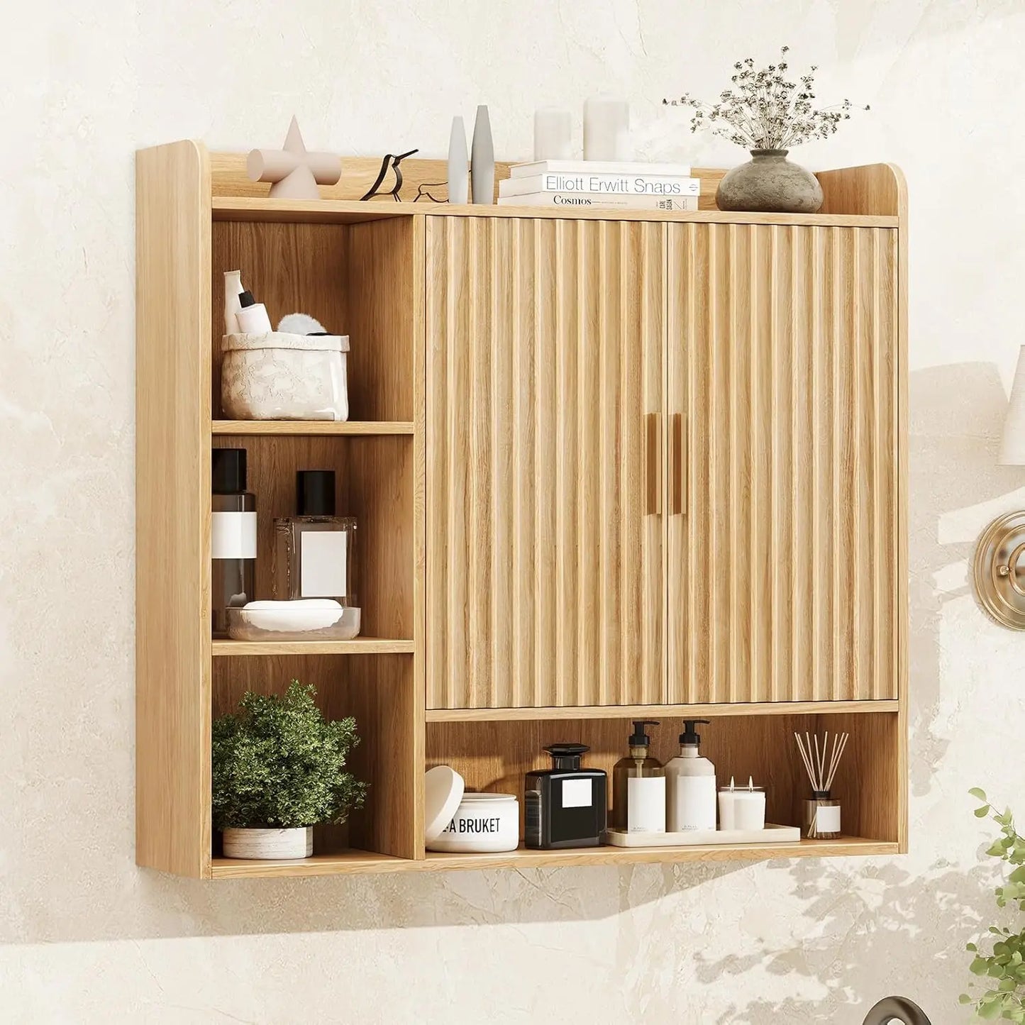 Fluted Bathroom Wall Cabinet, Wooden Medicine Cabinet Organizer with 2 Doors and Adjustable Shelf, Over The Toilet, Customized